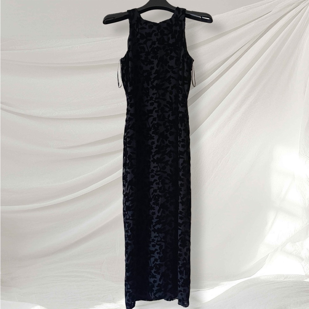 INC Black Floral Burnout Maxi Dress Sleeveless Size 4 Silk Blend